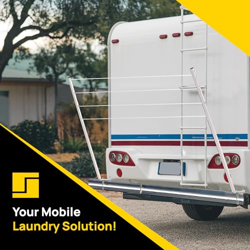 Stromberg Carlson CL-100 Bumper Mounted Clothesline - 48" aluminum foldable travel drying rack for RV Bumper, camper, and outdoor use; 84" hanging space, ideal RV clothesline and camping laundry rack. | Fits 4 in square bumpers, 84 in hanging space, bars