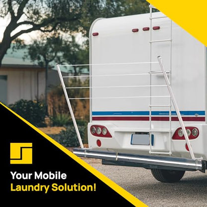 Stromberg Carlson CL-100 Bumper Mounted Clothesline - 48" aluminum foldable travel drying rack for RV Bumper, camper, and outdoor use; 84" hanging space, ideal RV clothesline and camping laundry rack. | Fits 4 in square bumpers, 84 in hanging space, bars