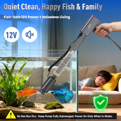 Cordless Aquarium Gravel Cleaner: 36W Electric Fish Tank Vacuum Cleaner | Rechargeable & 4 Adjustable Suction, Anti-Clog for Debris Clean & Sand Washing,Automatic Water Changer for 10-75 Gallon Tank