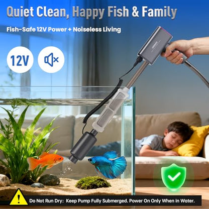 Cordless Aquarium Gravel Cleaner: 36W Electric Fish Tank Vacuum Cleaner | Rechargeable & 4 Adjustable Suction, Anti-Clog for Debris Clean & Sand Washing,Automatic Water Changer for 10-75 Gallon Tank
