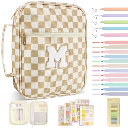 Personalized Initial Bible Cover Case for Women Girls Kid - Large Quilted Bible Case with Handle,Chenille Letter Bag Study Supplies,Christmas Gifts for Christians Birthday Graduation(Khaki-M) - color: Khaki, size: letter-M