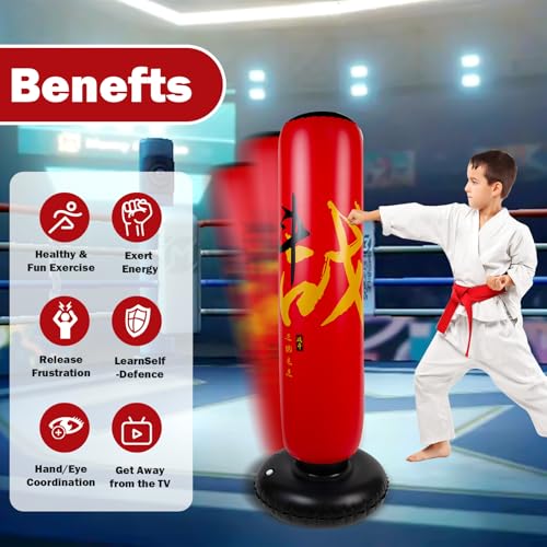 Onirii 66 Inch Kids Inflatable Punching Bag | Large Stable Kids Inflatable Boxing Bag Toy Set with Gloves for Boys & Girls Age 3-12 for Taekwondo,MMA and Practicing Karate - color: HZ Zhan