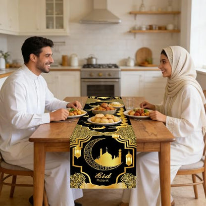 Ramadan Mosque Linen Table Runner: Black and Gold Mosque Moon Tablerunner Muslim Eid Al-fitr Eid Mubarak Perfect for Ramadan Party Home Kitchen Dining Mantel 13×72Inches(1 Pcs) - color: Ramadan Black