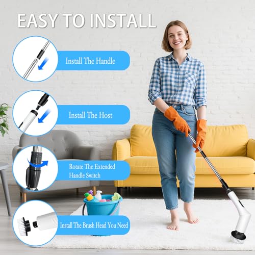 Spin Scrubber, 9-in-1 Multifunctional Electric Cleaning Brush with Detachable Handle, 9 Replaceable Brush Heads & LCD Display, Rechargeable for Bedroom, Bathroom, Kitchen, Car - color: White