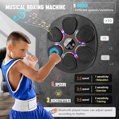 Music Boxing Machine for Adults & Kids, Bluetooth Smart Boxing Wall Machine with Gloves, 9 Modes, 6 Speeds & 3 Sensitivity, Electric Light Up Music Punching Machine for Home & Gym