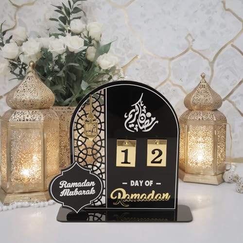 Acrylic Ramadan Countdown Calendar 2026, Black Eid Mubarak 30 Day Advent Calendar, Ramadans Decorations for Home, Indoor Islamic Table Stand Fireplace Office Desk Decor, Muslim Gifts for Kids