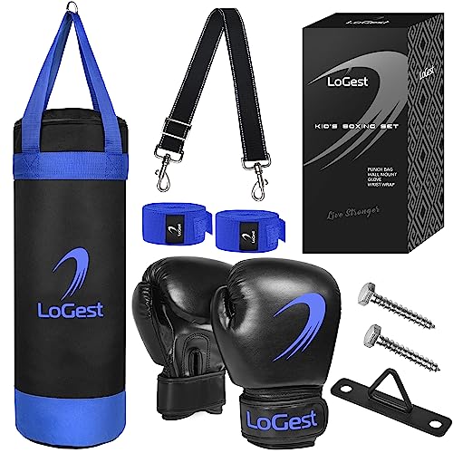 LoGest Punching Bag for Kids Boxing Set - Suitable for Kids Punching Bags 3-8 Years of Age - Boxing Gloves & Hand Wraps Included - Youth Children Boxing MMA Kickboxing Muay Thai Karate Punching Bag - size: 4 Ounces Glove