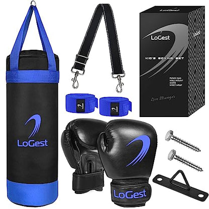 LoGest Punching Bag for Kids Boxing Set - Suitable for Kids Punching Bags 3-8 Years of Age - Boxing Gloves & Hand Wraps Included - Youth Children Boxing MMA Kickboxing Muay Thai Karate Punching Bag - size: 4 Ounces Glove