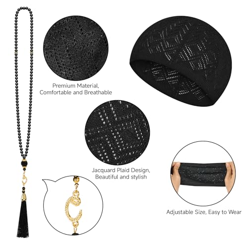 Kufi 모자 및 Tasbih 99개의 비즈가 있는 무슬림 기도 매트 세트, 휴대용 이슬람 기도 러그 여행용 접이식 사자다, 통기성 있는 타키야 모자, 라마단 이드 이슬람 선물 남성 여성용