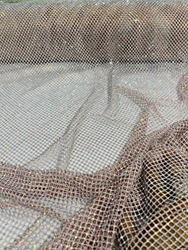 New Creations Fabric & Foam Inc, 45" Wide AB Iridescent Rhinestone On Soft Stretch Fish Net Fabric by The Yard (1 Yard, Iridescent Rhinestones on Blush Mesh) - color: Iridescent Rhinestones on Blush Mesh