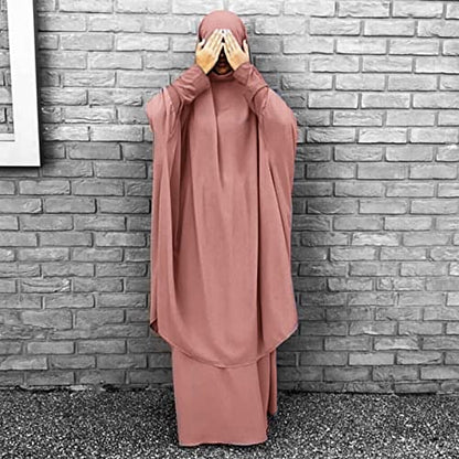 Prayer Clothes for Muslim Women Islamic Abaya Suit Maxi Skirt + Khimar Hijab 2pcss Burka Jilbab Kaftan - color: Pink