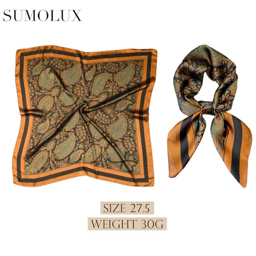 Sumolux Head Hair Scarf for Women Like Satin Silk Scarf Bandana Hair Wrapping Night Large Square Scarves 27.5" - color: Caramel Retro Cashew Nuts