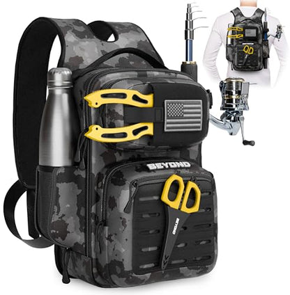 Beyond Fishing Tackle Backpack- The Voyager Tactical Fishing Storage Bag - Lightweight & Compact Bag For Fishing - color: Black Onyx