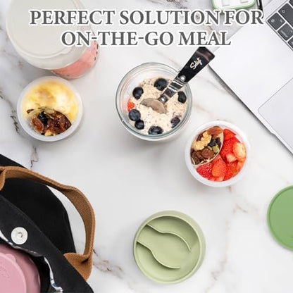 SOLIGT 2 Pack Overnight Oats Containers with Lids, Folding Spoons and Divided Compartments for Fruit & Nuts, Small Glass 16oz Mason Jars for Oatmeal Yogurt Parfait (2 Set-Oat White/Rose Pink) - color: 2 Set-Oat White/Rose Pink