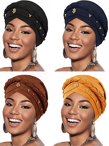 SATINIOR 4 Pieces Turban for Black Women African Cap Head Wraps Beaded Headscarf Beanie Wrap - color: Yellow, Brown, Navy Blue, Black, style: Bead Style