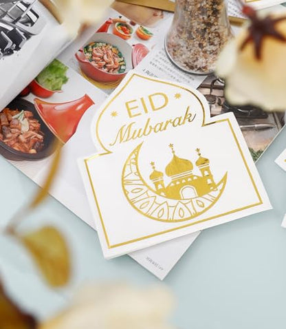 Eid Mubarak Napkins - 50 PK - Bluk Ramadan Eid Mubarak Party Napkins Disposable Napkins Paper Napkins for Eid Mubarak Decorations White and Gold