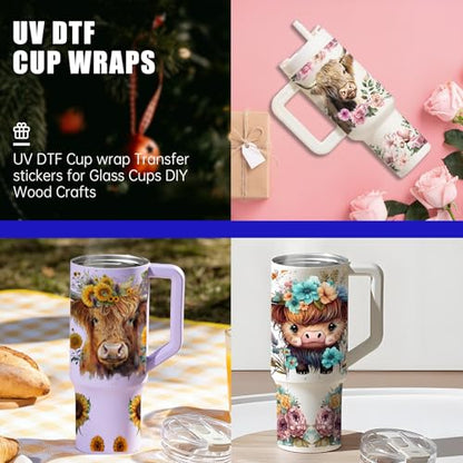 6 PCS Cow Flower UV DTF Stickers, UV DTF Cup Wrap for 40oz | Vibrant washable UV DTF cup wrap transfers with strong adhesion for glass cups, mugs and smooth hard surfaces - style: Cow Flower
