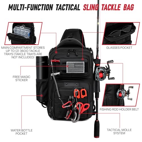Fishing Sling Bag with Tackle Box, MOLLE System Fishing Backpack with Fishing Lures Kit, Fish Hook Remover Tool, Fish Lip Gripper, Fishing Plier & Accessories, Fishing Gear Gift for Men Black - color: Black-01Set