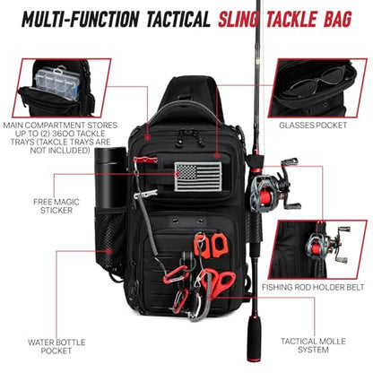 Fishing Sling Bag with Tackle Box, MOLLE System Fishing Backpack with Fishing Lures Kit, Fish Hook Remover Tool, Fish Lip Gripper, Fishing Plier & Accessories, Fishing Gear Gift for Men Black - color: Black-01Set
