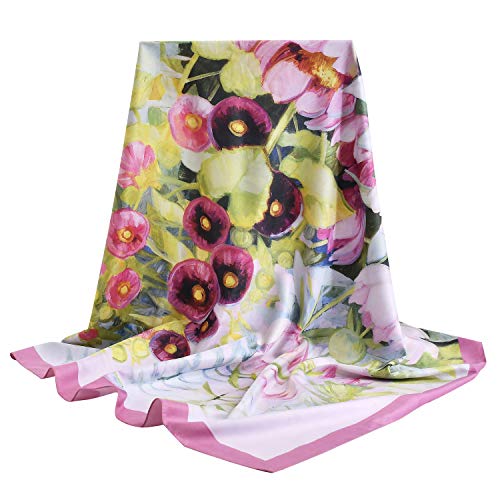 100% Mulberry Silk Scarf-Printed or Solid Color 35” Square Large Silk Hair Head Wrap Scarf With Gift Box Package - color: J Pattern: Blooming Flowers