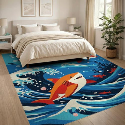 8'x10' Washable Flatwoven Rug, Blue Graphic Wave Stain Resistant Extra Large Carpet for Dining Room, Large Office, Lounge, Non-Slip Chair-Friendly Mat | Ref:2070034 - color: Blue/Pattern 11, size: 8' x 10' (Rectangular)