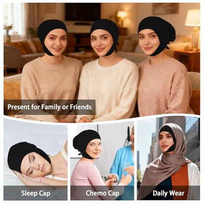 XEPST 3 PCS Hijab Undercap for Women, Islamic Muslim Full Cover Under Hijabcap Milk Silk Fabric Hijab Underscarf Solid Color Adjustable Tie Back Inner Head Scarf Turbans for Women Chemo Cap, D