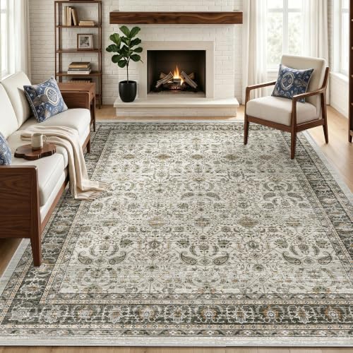 Ivory Gray Farmhouse Area Rugs 8x10, Washable Upgraded Non-Slip Living Room Rug, Vintage Distressed Floral Print Pattern Low Pile Carpet for Bedroom, Dining Room, Home Office, Kitchen, Ivory Gray - color: Ivory Gray, size: 8' x 10' (Rectangular)