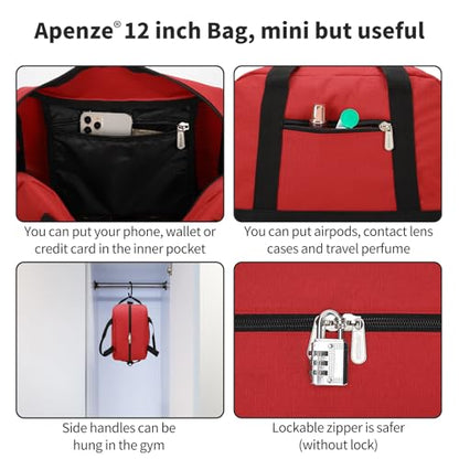 Apenze Small Gym Bag Carry On Bag - 12 in Mini Duffle Bag Lightweight for Overnight Travel（Red) - color: Red, size: 12inch