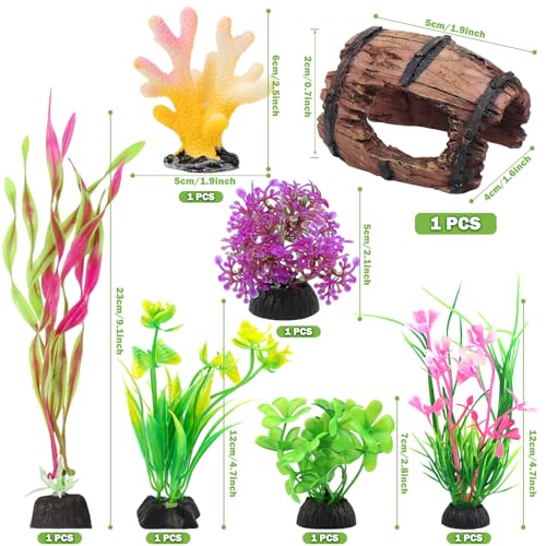 QUOZUO Small Fish Broken Barrel Decor Fish Tank Decorations Aquarium Accessories Plants Plastic Resin Barrel and Coral Hideout Ornaments Aquarium Decor Set 8 Pieces
