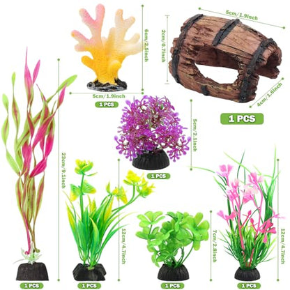 QUOZUO Small Fish Broken Barrel Decor Fish Tank Decorations Aquarium Accessories Plants Plastic Resin Barrel and Coral Hideout Ornaments Aquarium Decor Set 8 Pieces