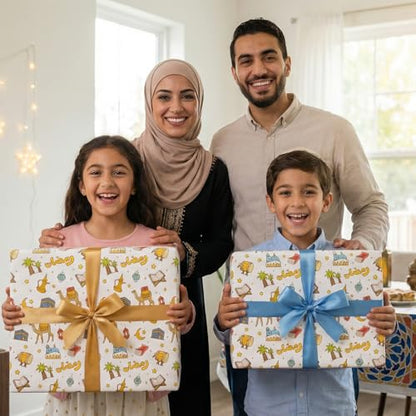 GIOLNIAY Ramadan Wrapping Paper - Eid Gift Wrap with Islamic Lanterns, Camels, Crescent Moon, Mosques and Arabic Ramadan Lettering - 4 Jumbo Sheets, 28" x 40" Each, Easy to Store