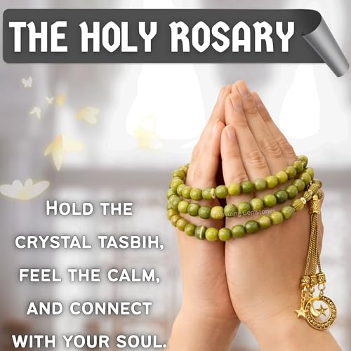 Amazing Gemstone Crystal Tasbeeh with Moon and Star Charm - Certified Crystal Muslim Prayer Beads Natural Gemstone Tasbih Gift for Ramadan Dhikr and Daily Namaz (G) - color: Green Jade
