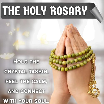 Amazing Gemstone Crystal Tasbeeh with Moon and Star Charm - Certified Crystal Muslim Prayer Beads Natural Gemstone Tasbih Gift for Ramadan Dhikr and Daily Namaz (G) - color: Green Jade