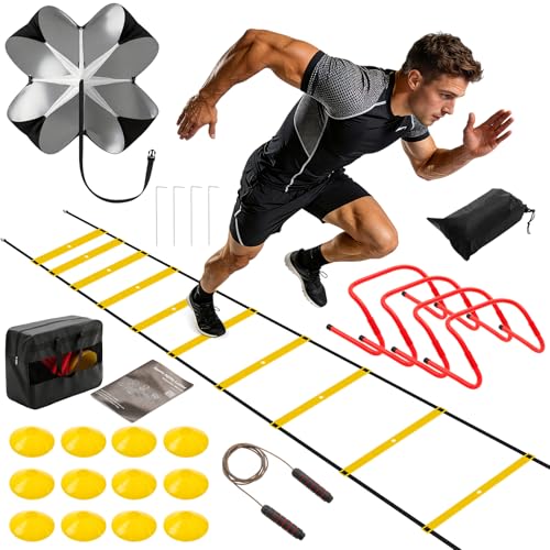 Agility Ladder Speed Training Equipment Set, 4 Adjustable Hurdles | 20 ft Ladder, 12 Cones, Jump Rope, Resistance Parachute, Soccer, Basketball, Football Practice Equipment for Youth, Adults