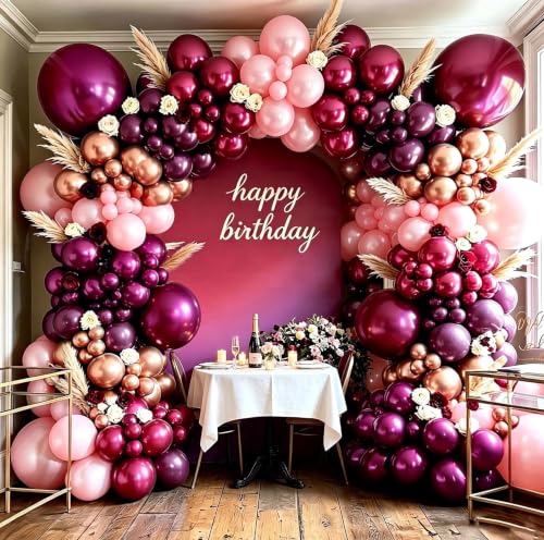 Burgundy Pink Balloon Arch Double Stuffed Dark Ruby Red Maroon Pearl Pink Gold Balloon Garland Kit for Wedding Bridal Shower Birthday Graduation Engagement Anniversary Party Decor - color: Burgundy Pink