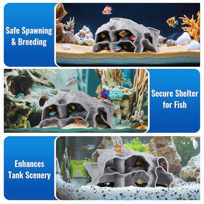 Aquarium Cave Three Hole, 3D Rock Texture Fish Tank Tunnel & Hideout, Natural Under Gravel Aquarium Decor for Small Fish, Shrimp, Corydoras, Kuhli Loach, Hermit Crabs