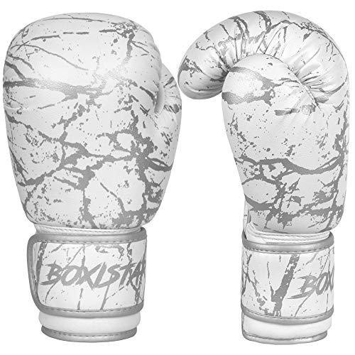 Athllete Boxistar Boxing Gloves - Men's & Women's, 8 oz to 16 oz with Optimal Padding - color: White/Metallic Silver, size: 14 oz