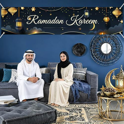 BlissYard Ramadan Kareem Banner 78 x 17 Inch Islamic Holiday Wall Backdrop Moon Star Design for Eid Mubarak Home Porch Fence Party Decor Spiritual Celebration