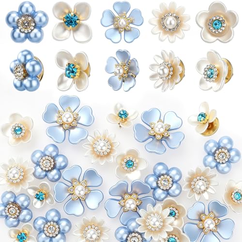50 Pcs Pearl Rhinestone Brooch Pin Flower Embellishments Brooches and Pins for Women Lapel Pins No Sew Button Charms Accessories for Clothes Bags Wedding DIY Crafts, 5 Styles - color: Blue
