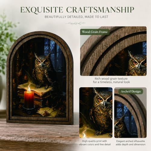 Owl Candle Arched Table Sign, Gothic Rustic Farmhouse Decor - color: Owl Candle Library