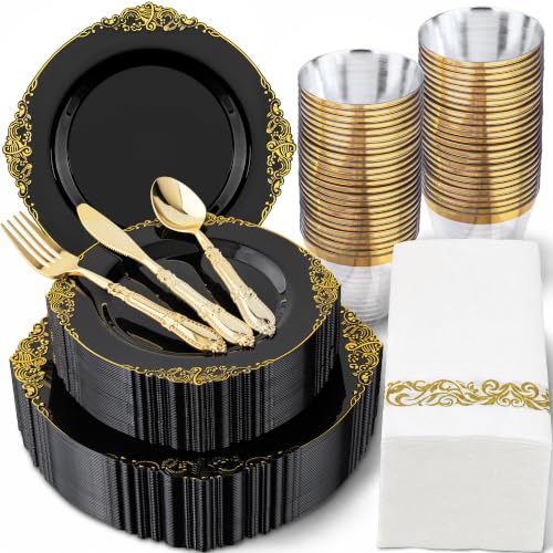 Morejoy 350PCS Black and Gold Plastic Plates Dinnerware Sets for 50 Guests - color: Black and Gold, size: 350 count