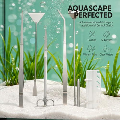6 Pcs Aquarium Plant Tools Set, Stainless Steel Kit, with Algae Scraper, Tweezers, Scissors, Sand Spatula, and Holder, Silver