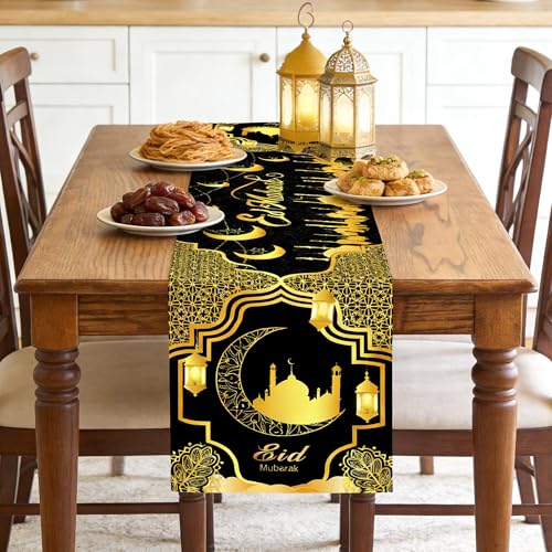 Ramadan Mosque Linen Table Runner: Black and Gold Mosque Moon Tablerunner Muslim Eid Al-fitr Eid Mubarak Perfect for Ramadan Party Home Kitchen Dining Mantel 13×72Inches(1 Pcs) - color: Ramadan Black