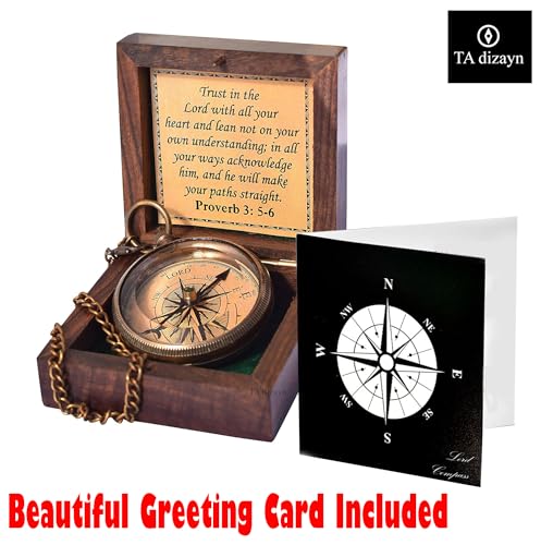 Trust in The Lord With All Your Heart - Proverbs 3:5-6 Quote Engraved Compass With Wooden Box, Greeting Card, Gift Compass, Graduation Day Gifts 2024 for Women Men Boys Girls - style: #1 Trust in The Lord Compass -Proverbs 3: 5-6