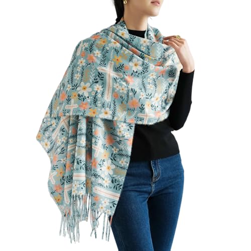 Prayer Shawls for Women Christian Floral Blanket Scarf with Cross,Wrap Scarf for Teacher Mother Church Gifts - color: Mint Blue