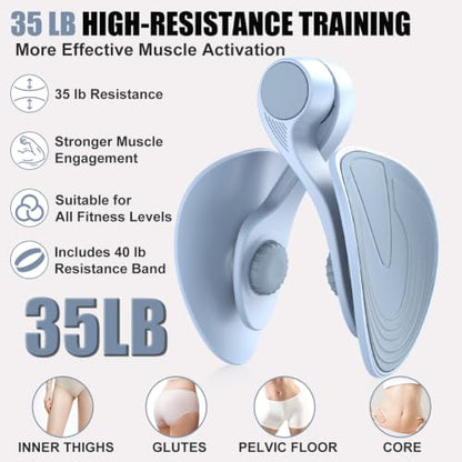 Pelvic Floor Exercise Device with 35 lb Resistance, Kegel and Inner Thigh Muscle Trainer, Home Workout Equipment for Postpartum Recovery, Women & Men, with Band - color: Blue