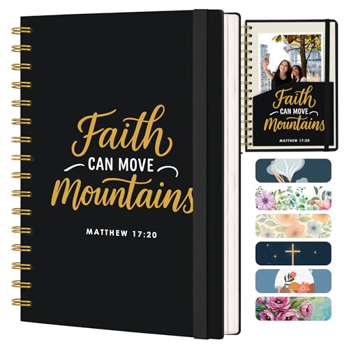 Only Zest Blank 140 Page Christian Journals for Women – Multiple Designs – Hardcover with Scripture – Spiral Christian Notebook – Inspirational Writing Notebook for Bible Study and Prayer – Faith Can Move Mountains (Matthew 17:20) - color: Faith_Black