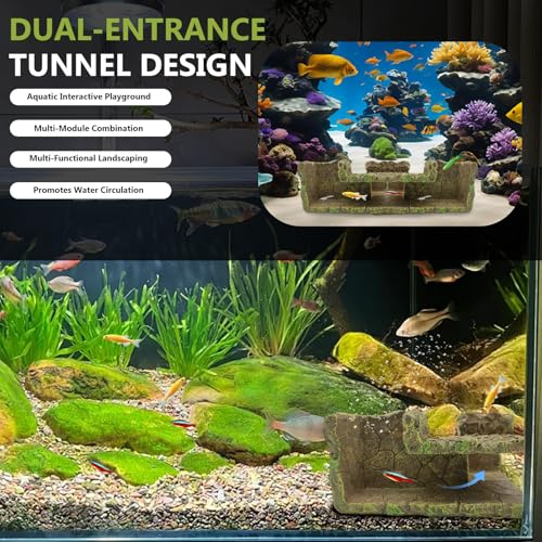 Aquarium Underground Corner Cave, Rock-Texture Fish Tank Viewing Tunnel Hideout for Betta, Shrimp, Corydoras & Kuhli Loach, Small Aquarium Decor Cave for Bottom-Dwelling Fish