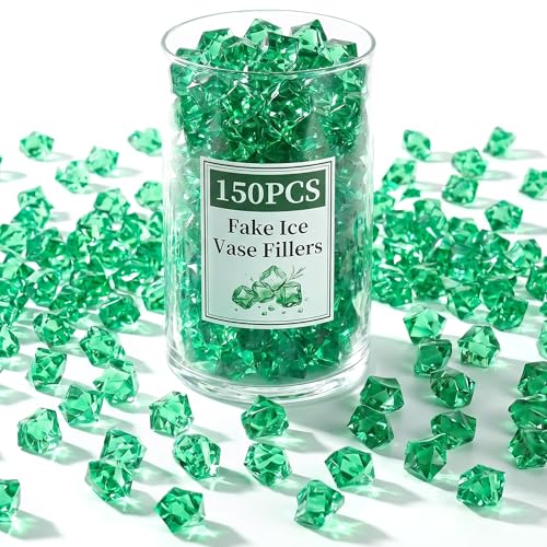 DOMESTAR Green Fake Ice Rocks, 150 PCS Acrylic Crystal for Vase Fillers | Fake Diamonds for Table Centerpieces Party Decor, Fish Tanks Decor Table Scatter DIY Craft Supplies - color: Dark Green