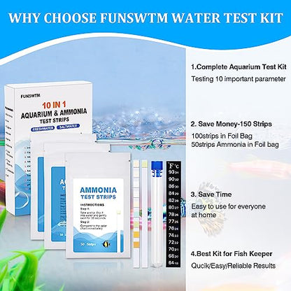 Aquarium Test Strips for Freshwater: 10 in 1 Aquarium Ammonia Test Strips for Fish Tank Ammonia Test Kit for Aquarium Pond - Testing Ammonia Nitrate Nitrite pH,etc - size: 10 in 1 - 125 Count
